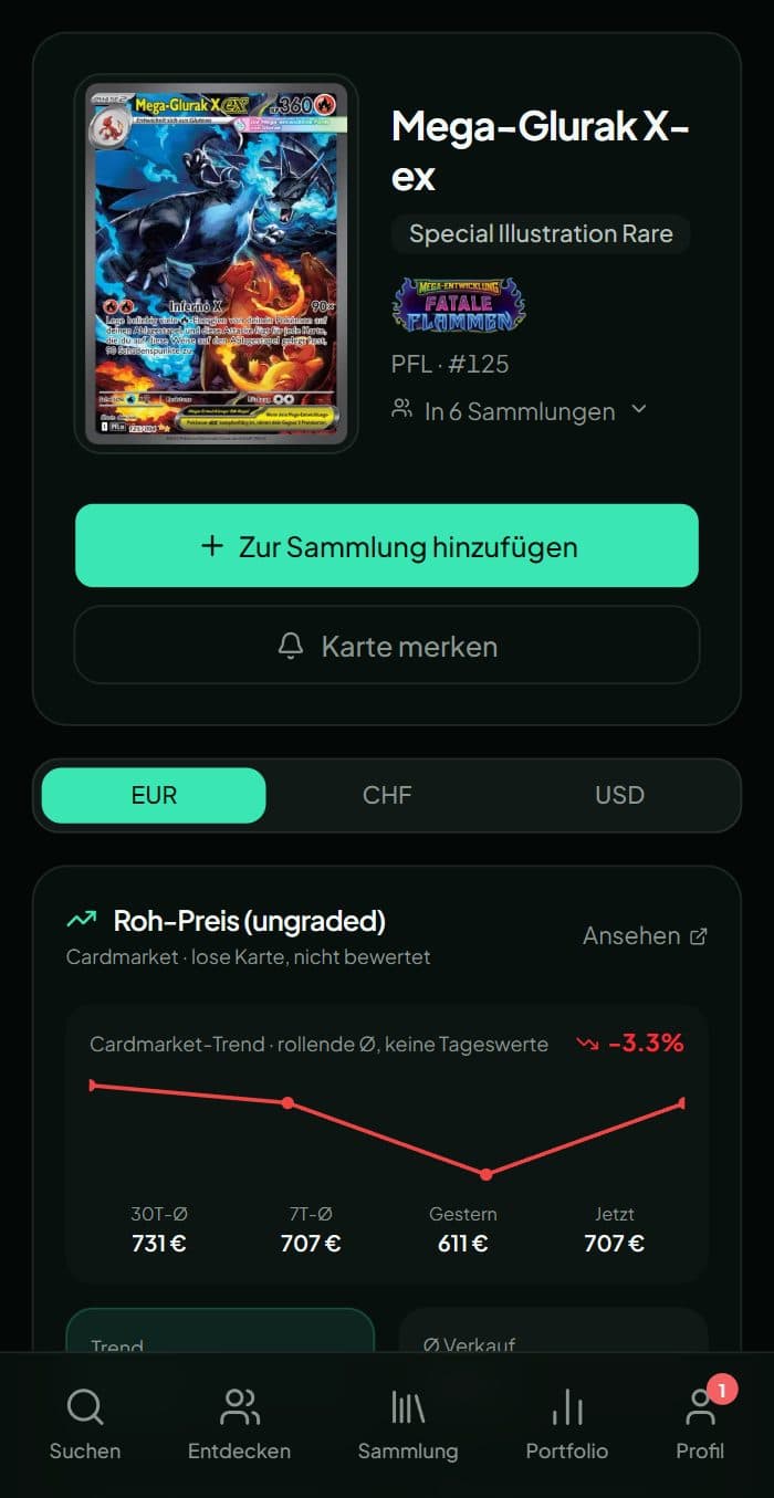 Eine Kartenseite mit Bild, Seltenheit, Set und Cardmarket-Rohpreis