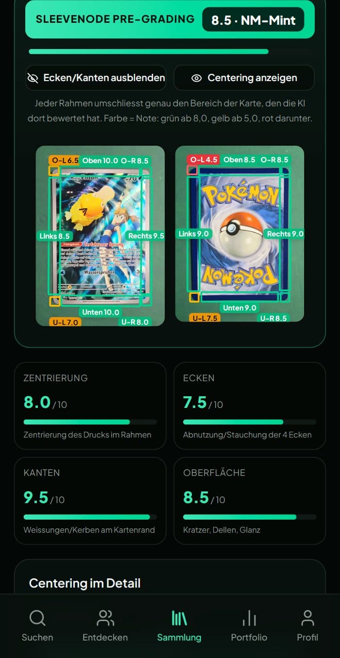 Pre-Grading-Bericht mit eingezeichneten Ecken- und Kanten-Noten auf Vorder- und Rückseite einer Pokémon-Karte