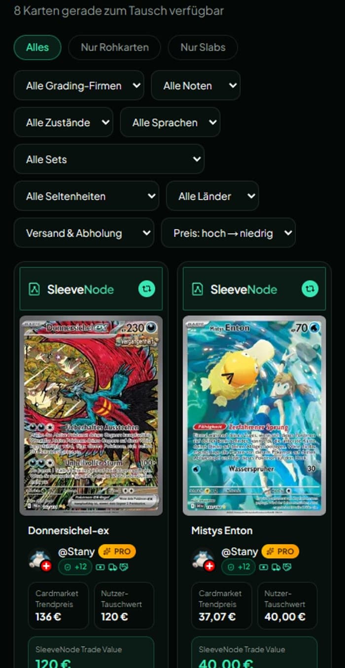 Der Tauschmarkt mit verfügbaren Karten, Trust Score und SleeveNode Trade Value